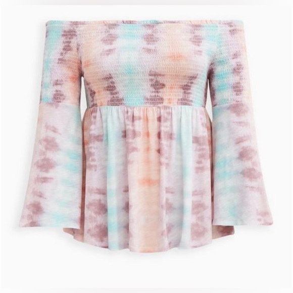 Torrid sz 4 Babydoll Knit Smocked Off-Shoulder Bell Sleeve Top NWOT - Picture 4 of 7